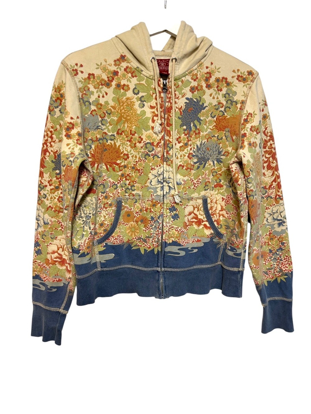 Y2K lucky brand L zip up hoodie AOP Asian floral water boho RARE VINTAGE indie